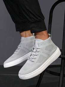 Men's High-Top Casual Sneakers With Breathable Knit Upper, Streetwear Style, Suitable For All Seasons