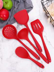Juego de 5 piezas de utensilios de cocina de silicona resistente - Espátula, cuchara ranurada y cazo para sartenes antiadherentes | Resistentes al calor, herramientas de cocina con mangos ergonómicos (freír, hornear, acampar)