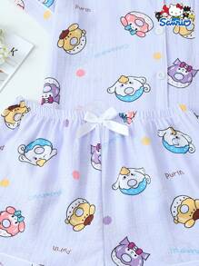 Set de 2 piezas autorizado por Sanrio con parte superior de manga corta de escote en V con bolsillo y pantalón corto con lazo, adecuado para usar en casa en primavera/verano