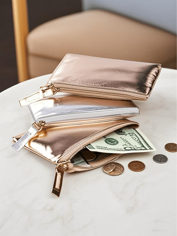 Sacs de maquillage métalliques de grande capacité. Trousse de cosmétiques chic et simple, porte-monnaie élégant, sac clutch pour femmes. Idéal pour la salle de bain, les voyages, le collège, le dortoir, les outils de maquillage. Portefeuille zippé, mini portefeuille, porte-monnaie, petit portefeuille