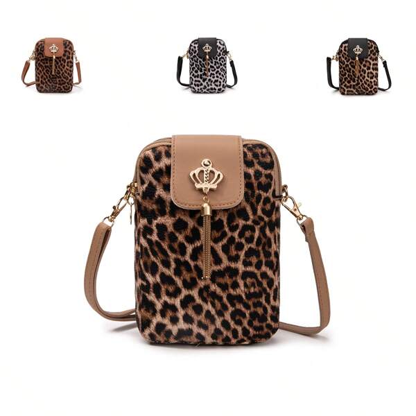 Bolsa de ombro com estampa de leopardo e borla Crown, nova bolsa de telefone pequena, versátil e moderna