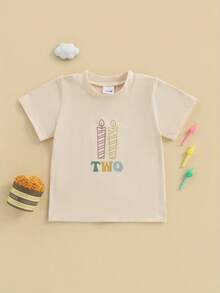 Camiseta infantil de manga corta con cuello redondo y letras con estampado de velas, ropa de verano para cumpleaños de niñas y niños. - Albaricoque - Ver 6
