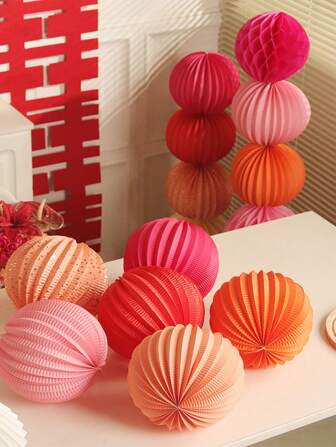3/10PCS Round Watermelon Type Lanterns, Hanging Decorative Lanterns, Honeycomb Ball Party Decoration, Suitable For Birthday Parties, Wedding Wedding Room Decoration, Wedding Scene Decoration, Holiday Parties, Valentine's Day Decoration Home Background Decoration