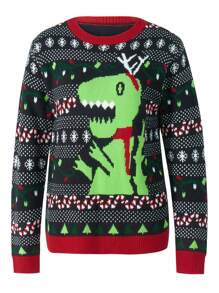 Women's Spring Autumn Fashion Pullover Christmas Long Sleeve Dinosaur Print Knitwear