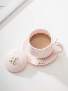 1 件粉色陶瓷咖啡杯和碟子，手工花卉陶瓷杯和盘子，办公室女士马克杯，适用于咖啡、茶、小吃盘、下午茶派对、生日礼物