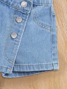 少女蝴蝶印花短袖上衣和牛仔裙套装 - 白色 - 查看 6