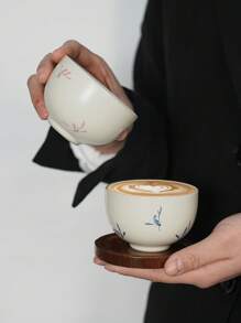 1 件复古简约陶瓷咖啡杯和碟，兰花图案中国功夫茶杯大师杯，家用客厅陶瓷茶杯带木架返校 - 彩色 - 查看 6