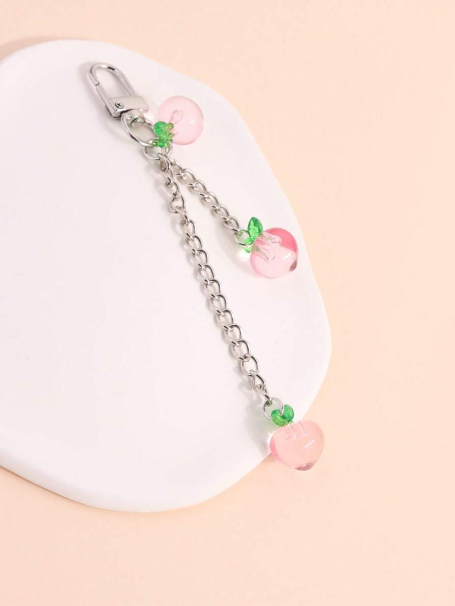 1pc Unisex Cute Peach Shaped Keychain Summer Fruit Style Gift For Couples Friends Bag Pendant Bows Cherry - Pink - View 1
