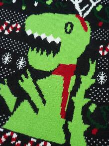 Women's Spring Autumn Fashion Pullover Christmas Long Sleeve Dinosaur Print Knitwear