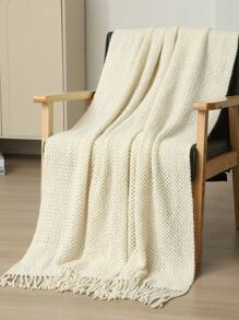 A Knitted Blanket, Nordic Style Rectangular Tassel Office Nap Sofa Blanket, Air Conditioning Blanket, Shawl Cover Blanket, Bed Tail Blanket Suitable For Daily Use - 網格巾米色 - 查看 1