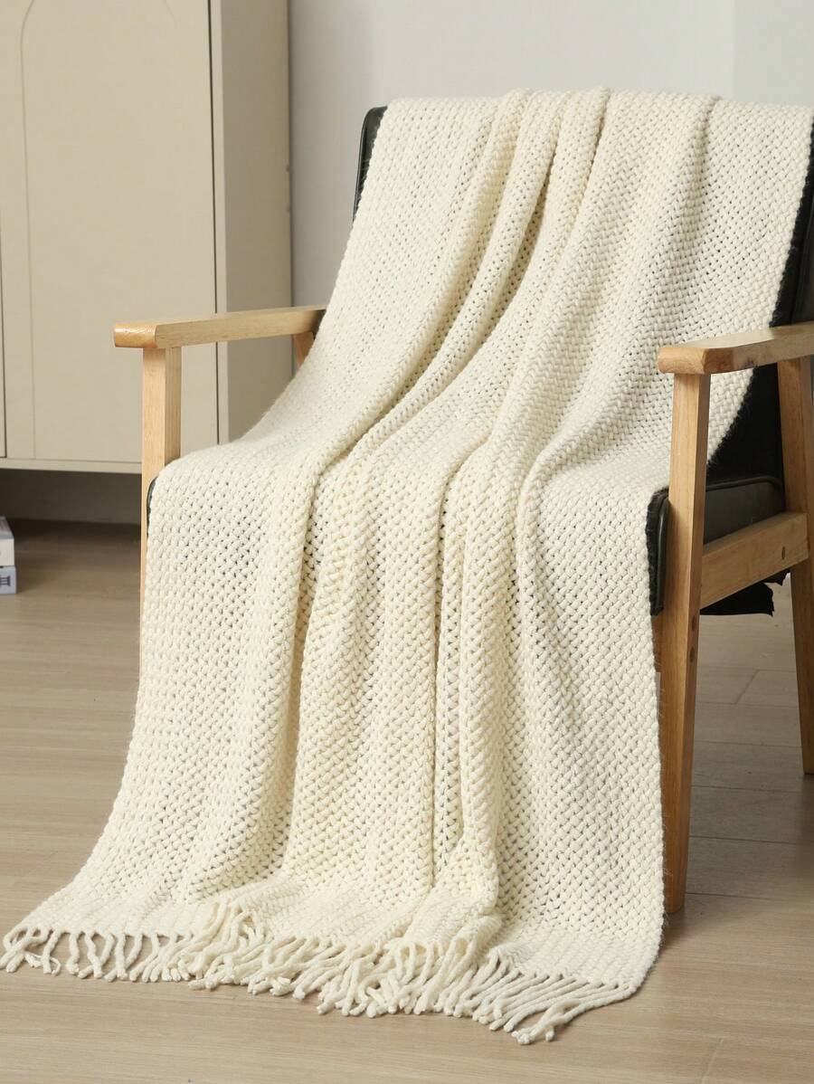 A Knitted Blanket, Nordic Style Rectangular Tassel Office Nap Sofa Blanket, Air Conditioning Blanket, Shawl Cover Blanket, Bed Tail Blanket Suitable For Daily Use - 網格巾米色 - 查看 1