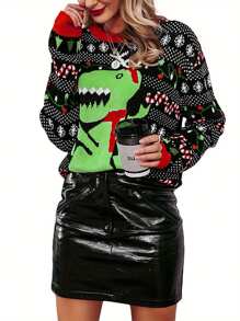 Women's Spring Autumn Fashion Pullover Christmas Long Sleeve Dinosaur Print Knitwear