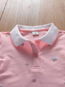 少女樱花印花 Polo 领短袖 T 恤，夏季 - 粉色 - 查看 3