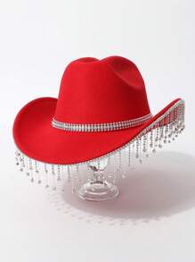 1pc Women's Solid Color Teardrop Rhinestone Tassel Western Cowboy Hat, Casual Travel, Party, Wedding, Celebration, Jazz Hat, Felt Hat, Gift, Dancing, Celebration