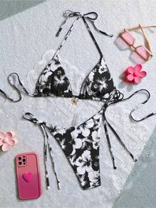 Swim Mod Floral Print Halter Neck Crop Tank Top And Side Tie Bikini Set, Summer Beach Vacation - màu đen - Xem 2