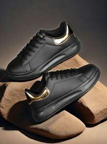 Men's Casual Design Thick Sole Lace-Up Elevator Sneakers, Student Sport Flat Shoes