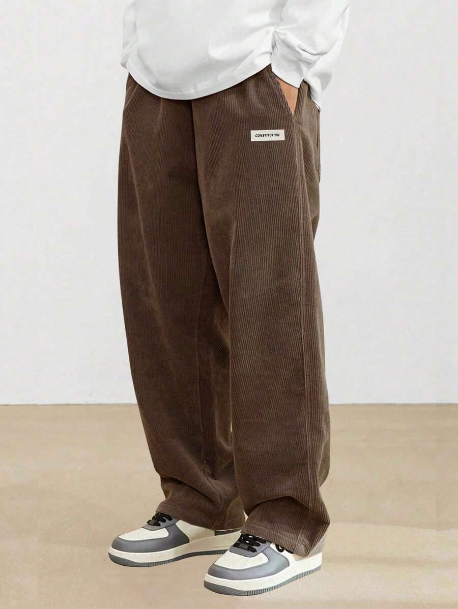 1pc Teens/Boys' Loose Casual Sports Solid Color Versatile Corduroy Straight Pants - Brown - View 1