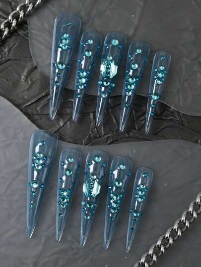 10 Pieces Of Hand-Made Press-On False Nails, New Halloween Models, High-End Whitening Pink Glittering, Super Long Ballet-Style Nail Art Set, French Hand-Painted Stripes, 3D Three-Dimensional Bow, Unique Press On False Nails Nail Supplies Nails