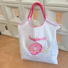 Ladies' Tote Bag Fashion Shoulder Bag Nylon Fabric Embroidered Doughnut Lightweight Foldable Handbag, Large Capacity Crossbody Bag Suitable For Commuting, Travel, Leisure, Gym, Holiday Gift