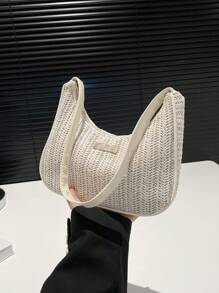 New Spring/Summer Straw Shoulder Bag, Underarm Baguette Bag, Versatile Crossbody Bag, Crescent Moon Bag, Suitable For Vacation, Beach, Casual Straw Bag, Commuting Bag - Beige - View 6