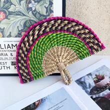 Abanico decorativo de pared tejido a mano de forma colorida, abanico de mano de uso diario de paja marina para refrescarse, abanico decorativo de lujo de dos tonos, regalo para cumpleaños o graduación - Multicolor - Ver 7