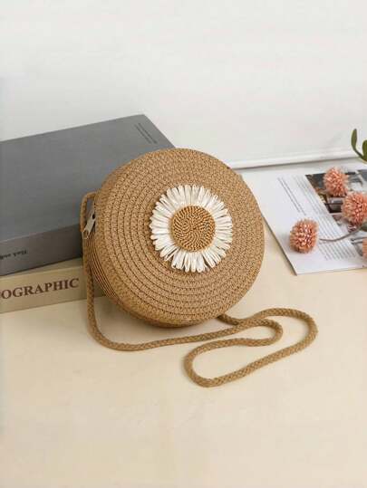 Söt vävd mini-axelväska med tecknad blommotiv för flickor, lätt och hållbar, med dragkedja och handtag upptill, lämplig för sommarstrandsemester och dagligt bruk