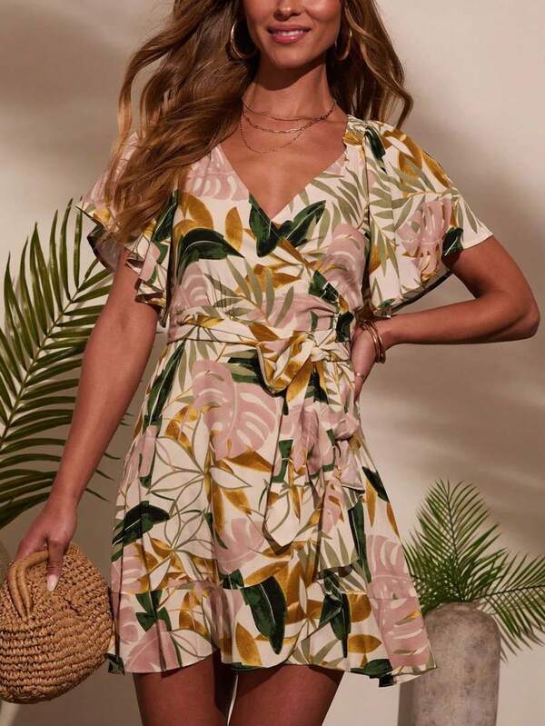 Casual Floral Print Cross Waist Ruffled Hem Wrap Dress, Summer