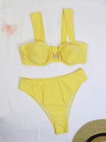 Sexy Metallic Jewelry Solid Color Bikini Women Swimsuit Set For Summer Beach Vacation 2pcs/Set Plus Size Solid Color Star Decor Sexy Halter Bikini Set, Beach & Pool Swimwear,Metal Starfish Decor,Removable Swimwear Pads,Summer Vacation Dresses For Women,Summer Clothes Women,Festival,Skirts,Ibiza Outfits,Swimwear Women,Bikini Set,Swimming Costume Women,Beach Wear Women,Holiday Co Ord,Beach Dress,Bikinis For Women Sets,Swimsuit - Yellow - View 3