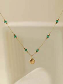 1pc 18K Gold Plated Stainless Steel Anklet With Seashells And Emerald Beads, Hypoallergenic Beach Vacation Jewelry For Women, Suitable For Women To Wear In Daily Life Or On Vacation, Or As A Gift For Valentine's Day Valentines,Mom,Mother,Mother's Day,Gift.