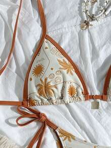 全新性感植物与棕榈树印花吊带比基尼泳装，适合女士，适合海滩和泳池