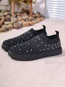 1 Pair Fashion Rhinestone-Decorated Sneakers For Teenage Girls, Soft Fabric Upper, Comfy Lining, Non-Slip Rubber Sole, Suitable For Fashionable Streetwear & Outdoor Sports - Black - View 2