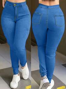 Women's Stretch Skinny Jeans - Classic Slim-Fit Denim Pants With Zip & Button Closure, High-Waisted Comfortable Everyday Jeans - 中藍 - 查看 1