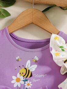2pcs/Set Baby Girls' Cute Round Neck Sleeveless Bow Decor Cartoon Bee Print A-Line Dress, Suitable For Everyday Outings, Spring/Summer - Purple - View 5