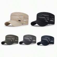 1 pieza Gorra plana con etiqueta de hierro, unisex, casual, transpirable, protección solar para exteriores. Gorra plana con malla transpirable, ajustable, apta para hombres y mujeres, casual para exteriores, sombrero protector solar con orificios de ventilación, hecho de poliéster. Opciones de color: negro/gris/verde oliva/beige/azul marino. Nuevo lanzamiento. Gorra plana de malla completa con etiqueta de hierro, protección solar transpirable casual para hombres y mujeres para el verano al aire libre.