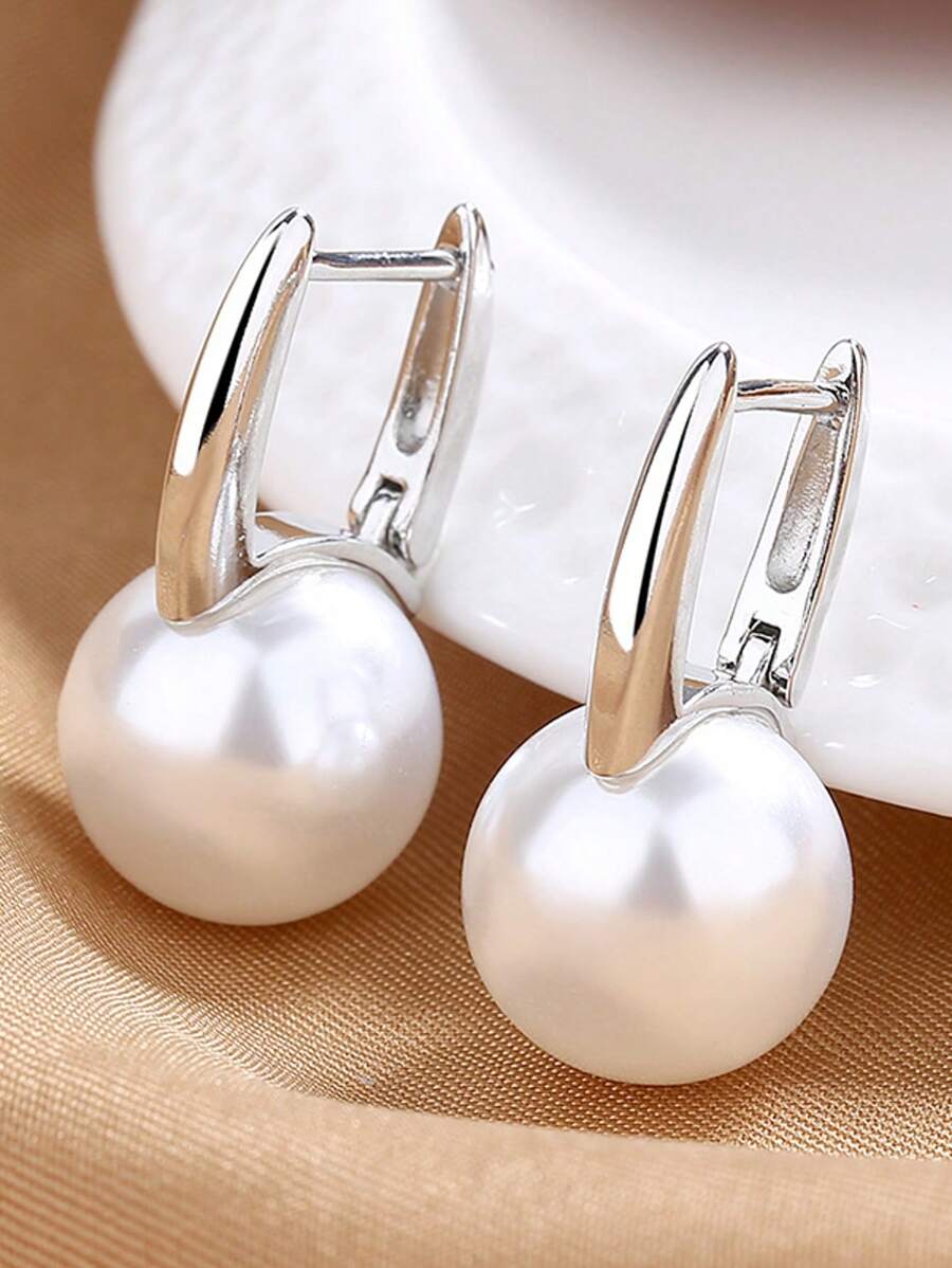 1 Pair Faux Pearl Copper Plated Silver Earrings, Classic & Versatile Jewelry, Gift