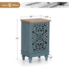 Accent Cabinet With 2 Doors, Distressed Storage Cabinet With Wood Frame And Hollow-Carved Door For Entryway Living Room, Blue
