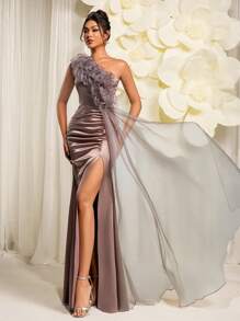 EVERLYL Everly L 女式不对称领口修身优雅褶饰单肩开衩连衣裙手工 3D 花朵晚礼服、生日派对、舞会、夏季连衣裙 - 淺灰紫 - 查看 7