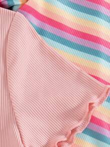 3pcs Young Girl Casual Ribbed Short Sleeve Floral Top + Colorful Stripe Short Sleeve Set - Green - View 4