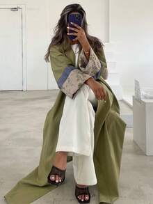 1pc Elegant Multi-Color Embroidered Women's Dress, Featuring Embroidery Patterns And Patchwork Sleeve Cuffs, Boho-Inspired Color Combination. Vintage Arabic Style Maxi Dress, Suitable For Daily Wear, Parties, Festivals Or Traveling. - Olive Green - View 1