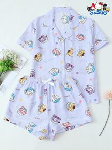Set de 2 piezas autorizado por Sanrio con parte superior de manga corta de escote en V con bolsillo y pantalón corto con lazo, adecuado para usar en casa en primavera/verano