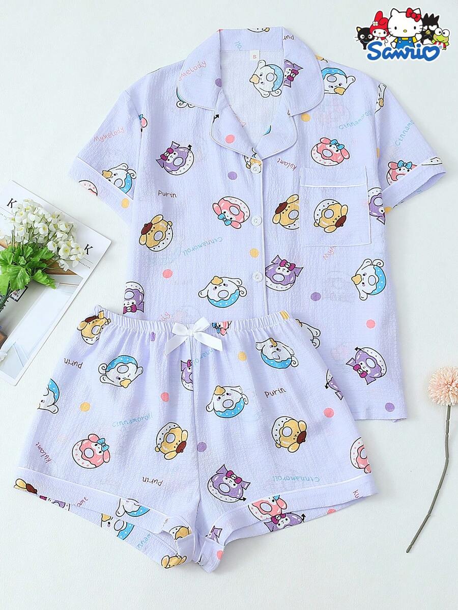 Set de 2 piezas autorizado por Sanrio con parte superior de manga corta de escote en V con bolsillo y pantalón corto con lazo, adecuado para usar en casa en primavera/verano