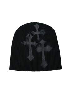 1pc Cross Embroidery Beanie, Graffiti Fashion Versatile Knitted Hat For Autumn & Winter, Warm And Windproof, European And American Style