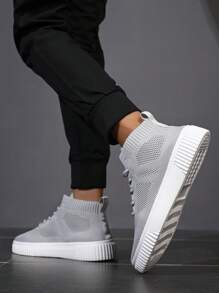 Men's High-Top Casual Sneakers With Breathable Knit Upper, Streetwear Style, Suitable For All Seasons