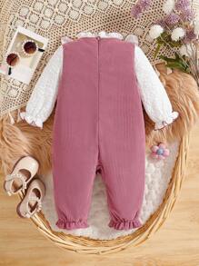 Baby Girls' Ruffled V-Neck Long Sleeve Romper With 3D Bow, Suitable For Everyday Outdoor Wear, Spring & Autumn