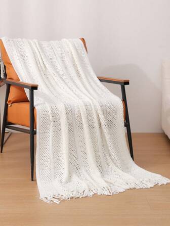 1 件纯色毯子，美式流苏亚克力矩形针织毯子，适用于办公室午睡、沙发套