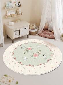 1pc Tapete de área redondo de lã sintética macia, tapete decorativo com design de coelho e flor, resistente a manchas e fácil de cuidar, quarto, decoração de casa, decoração de festival
