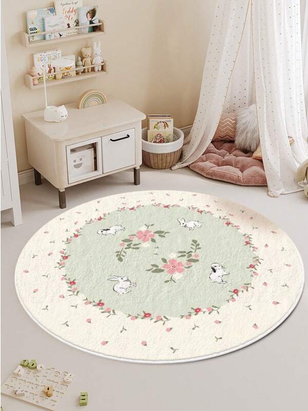 1pc Soft Faux Wool Round Area Rug, Rabbit & Flower Design Decorative Carpet, Stain Resistant & Easy Care, Bedroom, Home Decor, Festival Decoration