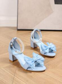 Fashionable Women's High Heel Sandals With 2.17in Chunky Heel, Versatile New Style Vacation Sweet Bow Round Toe Light Blue Pearl Strap Comfortable Classic Shoes Suitable For Daily Wear, Beach And Special Occasions - Baby Blue - View 6