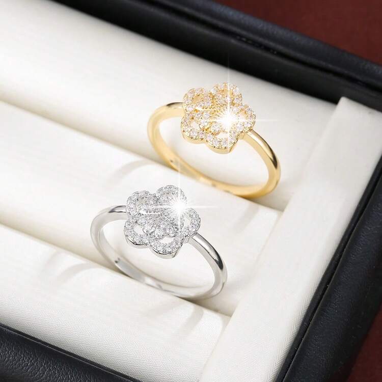 1pc Floral Design Cubic Zirconia Inlaid Ladies Ring - Multicolor - View 12