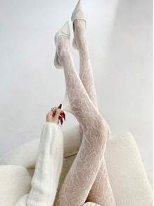 New Vintage French Rose Floral Pattern Beige Mesh Pantyhose, Hollow Brown Sexy Black Fishnet Stockings For Women